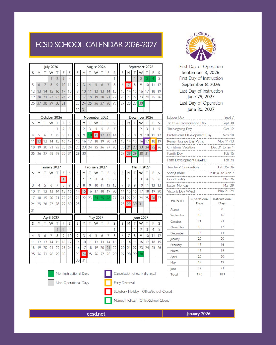 2026 2027 Calendar for Schools that follow a traditional calendar
